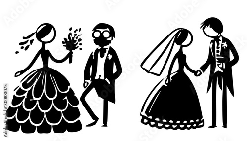 Hand drawn wedding couple silhouette. Flat design romantic wedding couple silhouette. Cartoon vector groom and bride in love.

