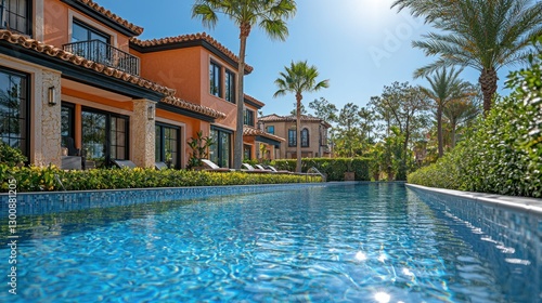Luxurious villas with a shimmering pool and lush tropical landscaping