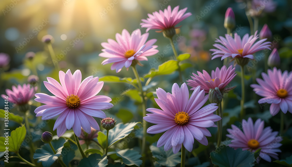 Obraz premium Pink Daisies Blooming Under Sunlight in a Lush Garden Setting