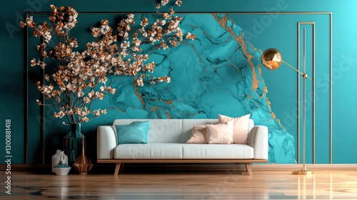 Luxurious interior decor displays a modern sofa with elegant decorative elements