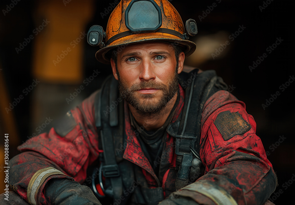 Tired rescue worker sitting on abstract background. Tired rescue worker sitting on abstract background.