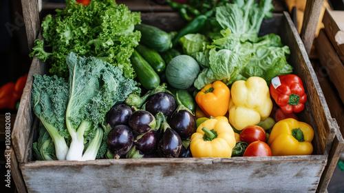 Abundant harvest of fresh garden vegetables overflowing in a rustic wooden crate offering a vibrant display of colorful peppers eggplants and greens for healthy eating