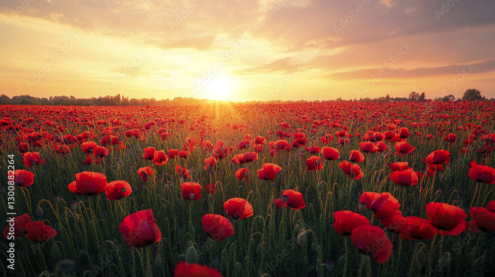 Obraz premium captivating poppy field at dusk with sun casting warm glow
