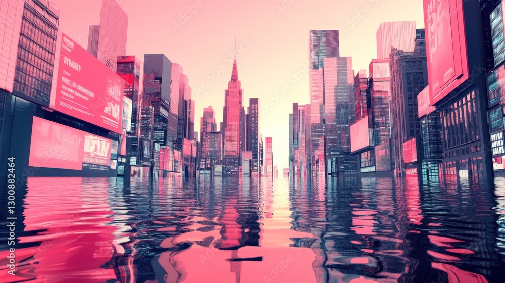 Fototapeta premium Flooded city street at sunset, skyscrapers and billboards reflected in water.