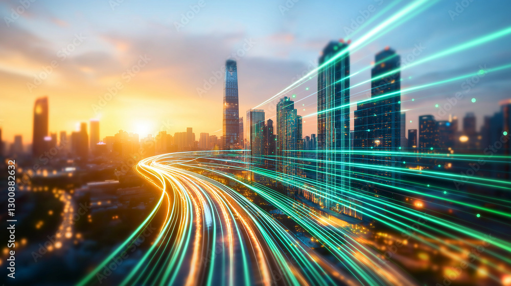 Fototapeta premium vibrant city skyline at sunset, showcasing illuminated buildings and dynamic light trails. scene captures essence of urban life and technological advancement