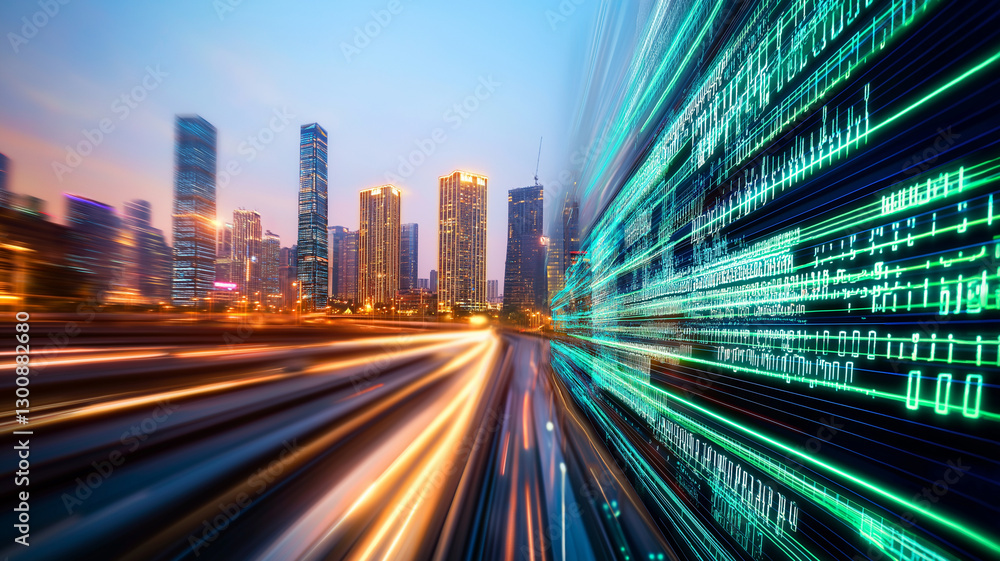 Fototapeta premium vibrant city skyline at dusk, with illuminated skyscrapers and dynamic light trails representing data flow, creating futuristic atmosphere