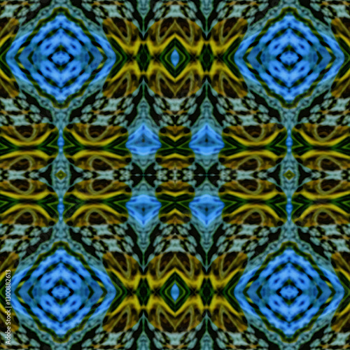 thai art painting art Blue and Yellow Nature Abstract Background, Water Reflections, Symmetrical Organic Texture, Natural Pattern, Eco Style Design, Digital Art, Wallpaper, Print, Textile, Scrapbookin photo