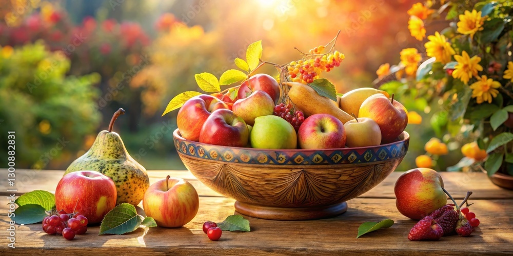 Autumnal Harvest Abundance A Rustic Wooden Bowl Overflowing with Ripe Apples, Pears, and Berries Basking in Golden Sunlight Autumnal Harvest Abundance A Rustic Wooden Bowl Overflowing with Ripe Apples, Pears, and Berries Basking in Golden Sunlight