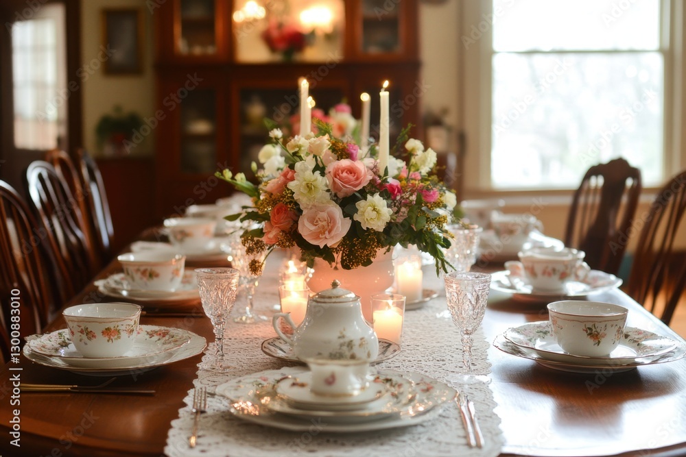 Elegant table setting for a formal tea party, featuring china, flowers, and candles, creating a warm and inviting atmosphere. Elegant table setting for a formal tea party, featuring china, flowers, and candles, creating a warm and inviting atmosphere.
