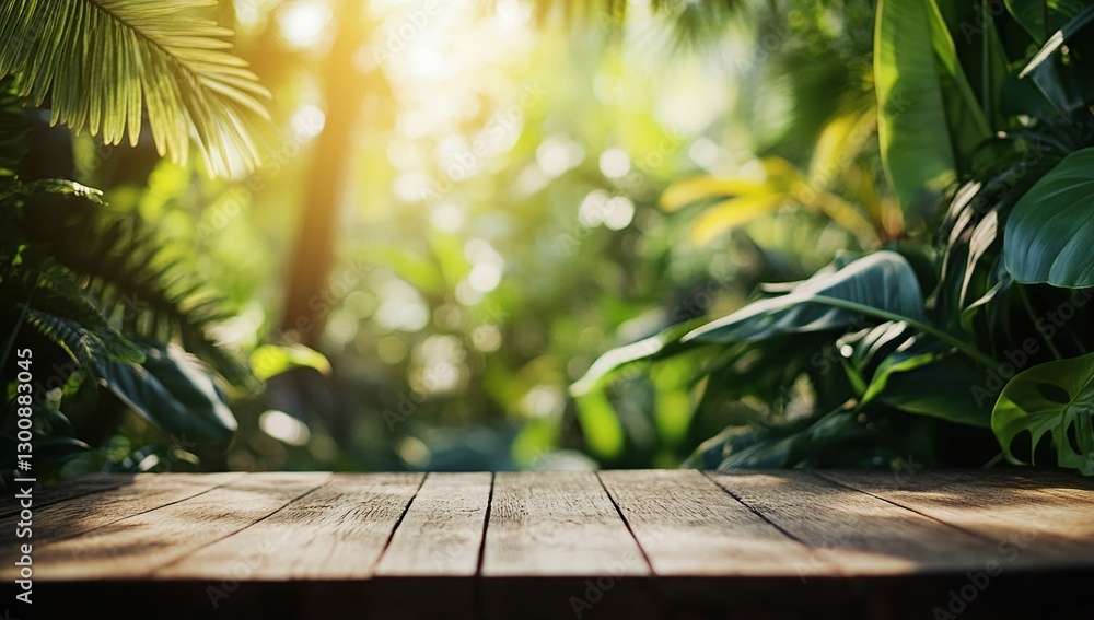 Obraz premium Wooden Table in Lush Tropical Jungle Setting with Sunlight