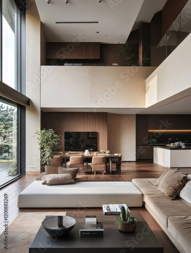 Spacious modern living room featuring a minimalist design with natural lighting