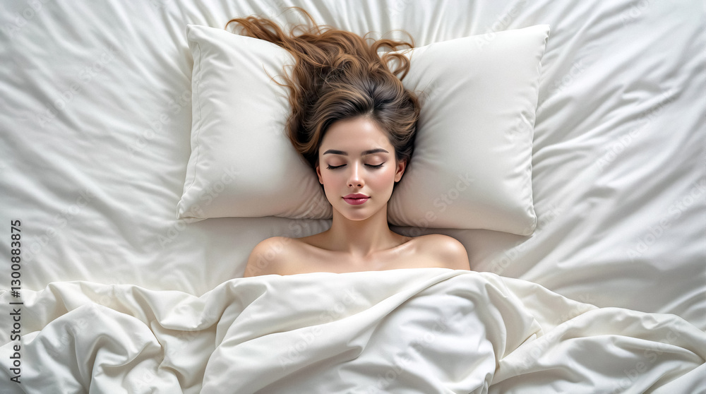 young woman with long brown hair sleeps peacefully on white pillow in comfortable bed young woman with long brown hair sleeps peacefully on white pillow in comfortable bed