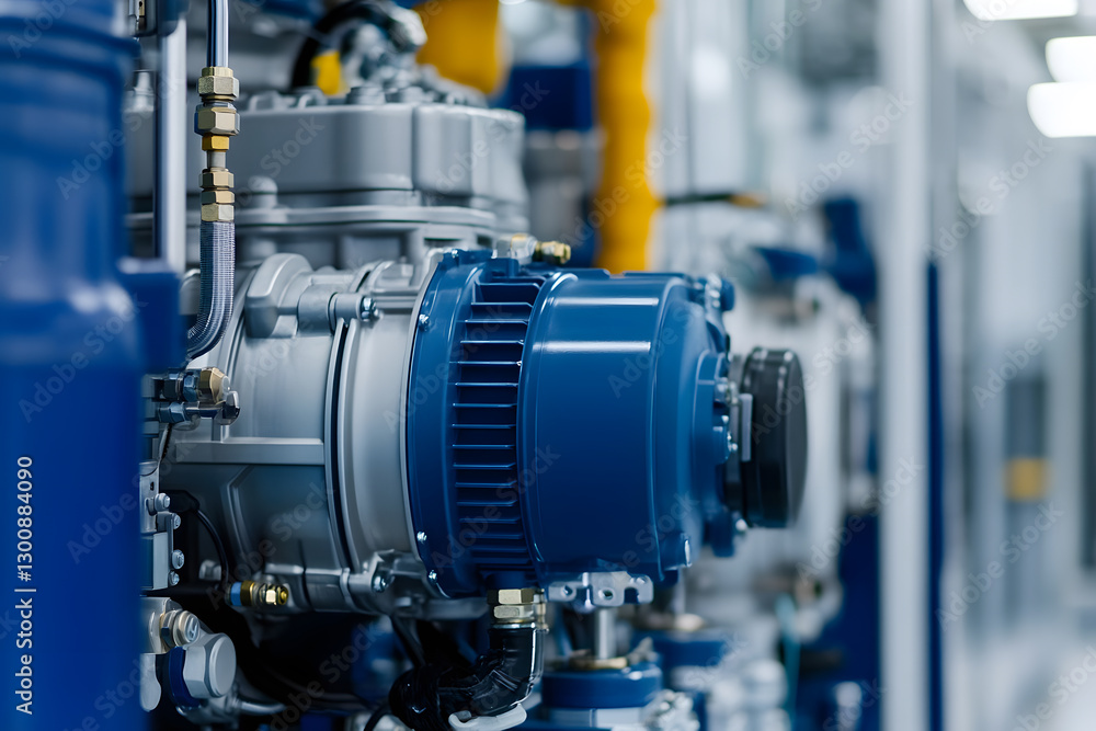 Obraz premium Industrial machinery detail with blue and silver components, showcasing precision engineering and complex systems in a modern, controlled environment.