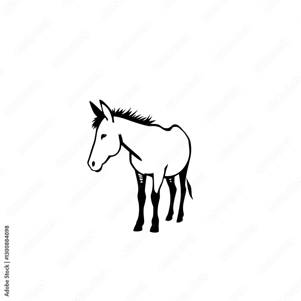 Obraz premium Stylized black and white illustration of a donkey standing gracefully on a white background, space for text
