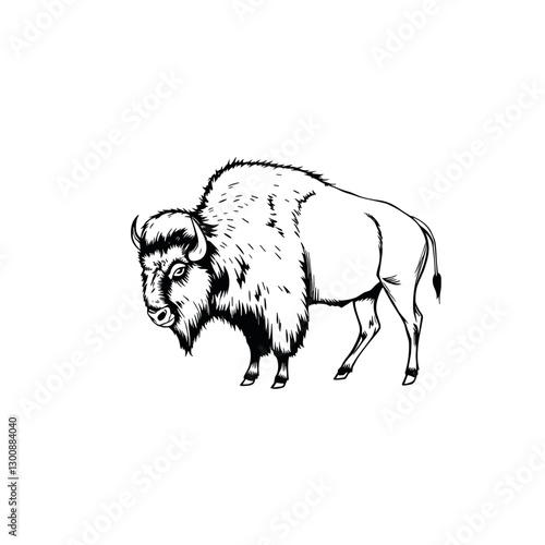 Detailed line drawing of a bison on white background, artistic illustration concept