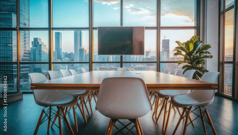 Fototapeta premium Modern Conference Room with Panoramic City View