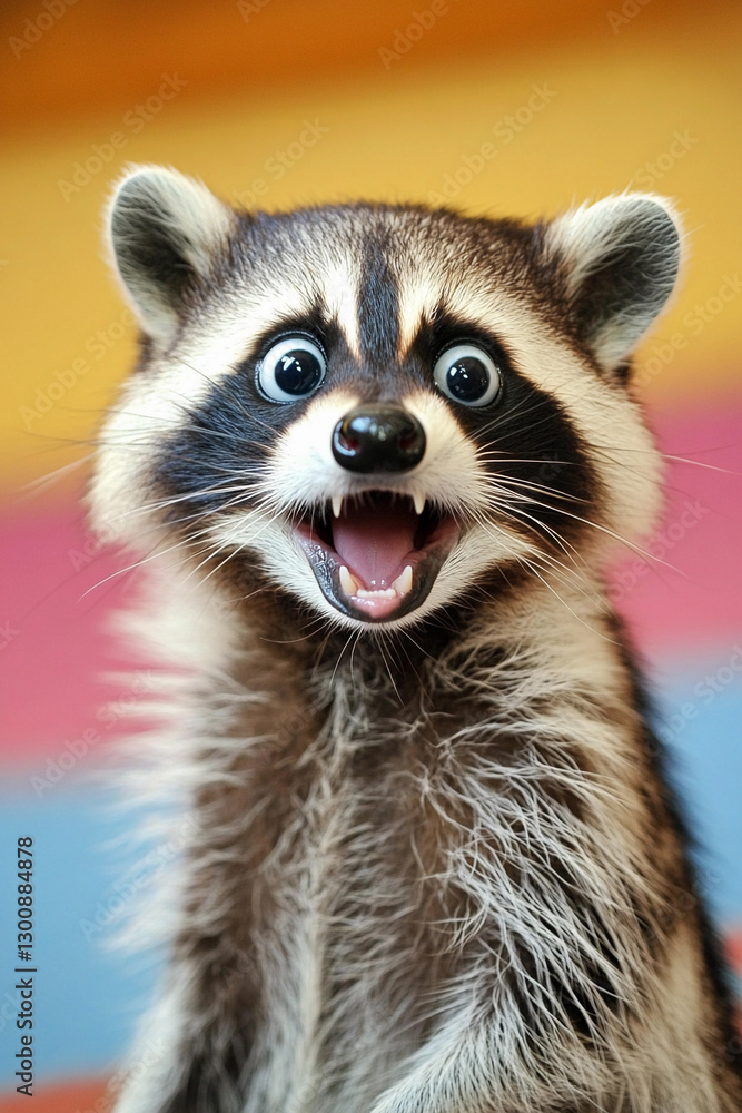 Surprised raccoon displays wide-eyed expression in bright setting. Generative AI Surprised raccoon displays wide-eyed expression in bright setting. Generative AI