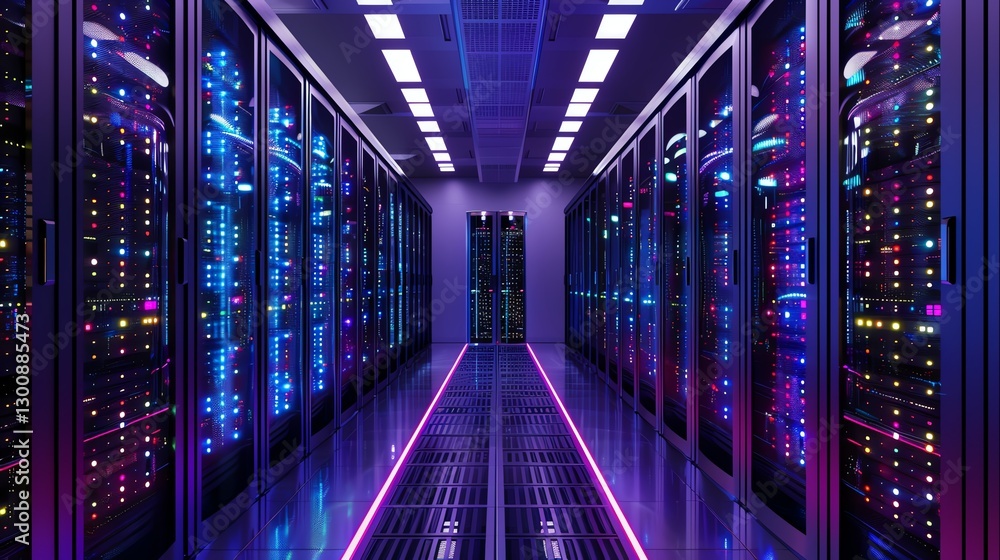 Modern data center with glowing server racks. Modern data center with glowing server racks.