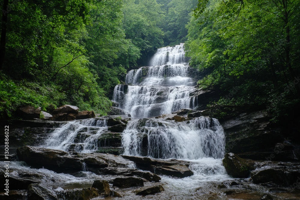 A panoramic shot of the falls surrounded by lush green vegetation during the rainy season A panoramic shot of the falls surrounded by lush green vegetation during the rainy season