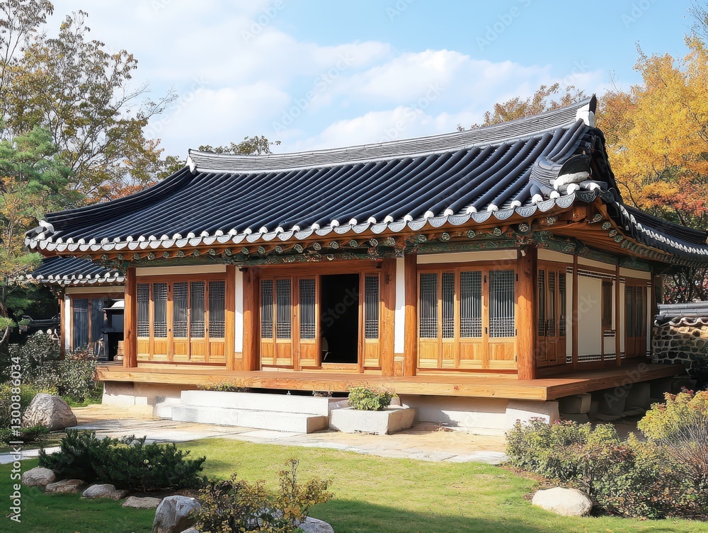 Korean Traditional Wooden House In A Garden Setting Korean Traditional Wooden House In A Garden Setting