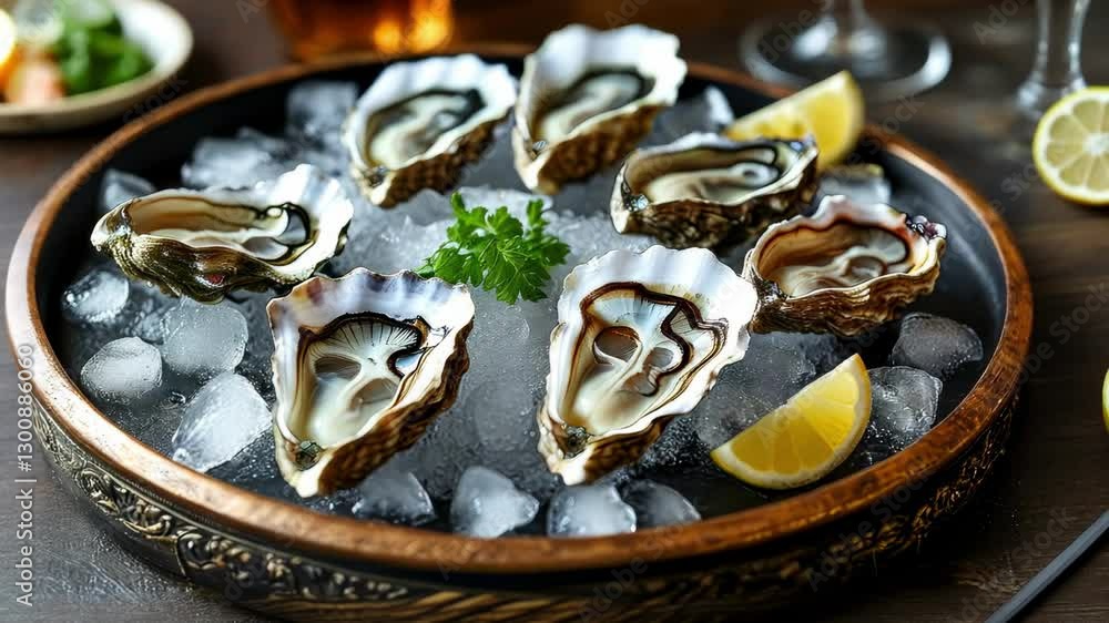 Fresh oysters arranged on a tray with crushed ice, elegantly presented on a banquet table for a gourmet seafood display Fresh oysters arranged on a tray with crushed ice, elegantly presented on a banquet table for a gourmet seafood display