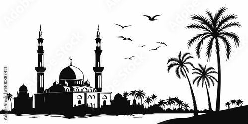 Muslim cityscape black monochrome silhouette background vector illustration. Islamic city skyline with mosque and minaret Arabic architecture panorama. Oriental building landmark Eastern religion on w