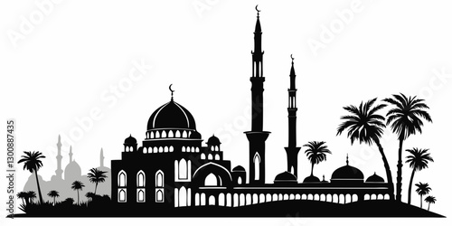 Muslim cityscape black monochrome silhouette background vector illustration. Islamic city skyline with mosque and minaret Arabic architecture panorama. Oriental building landmark Eastern religion on w