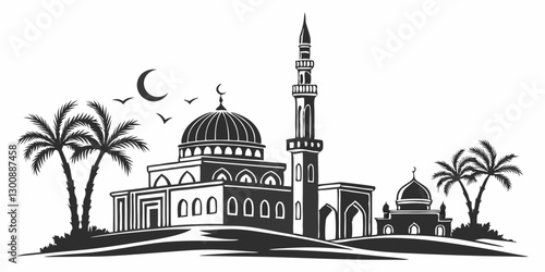 Muslim cityscape black monochrome silhouette background vector illustration. Islamic city skyline with mosque and minaret Arabic architecture panorama. Oriental building landmark Eastern religion on w