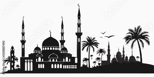 Muslim cityscape black monochrome silhouette background vector illustration. Islamic city skyline with mosque and minaret Arabic architecture panorama. Oriental building landmark Eastern religion on w