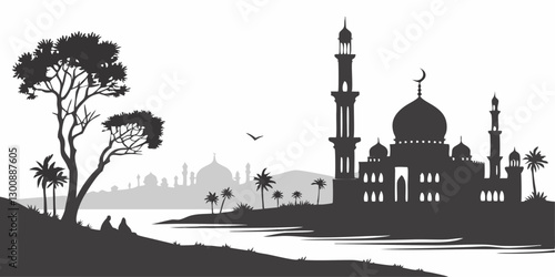 Muslim cityscape black monochrome silhouette background vector illustration. Islamic city skyline with mosque and minaret Arabic architecture panorama. Oriental building landmark Eastern religion on w