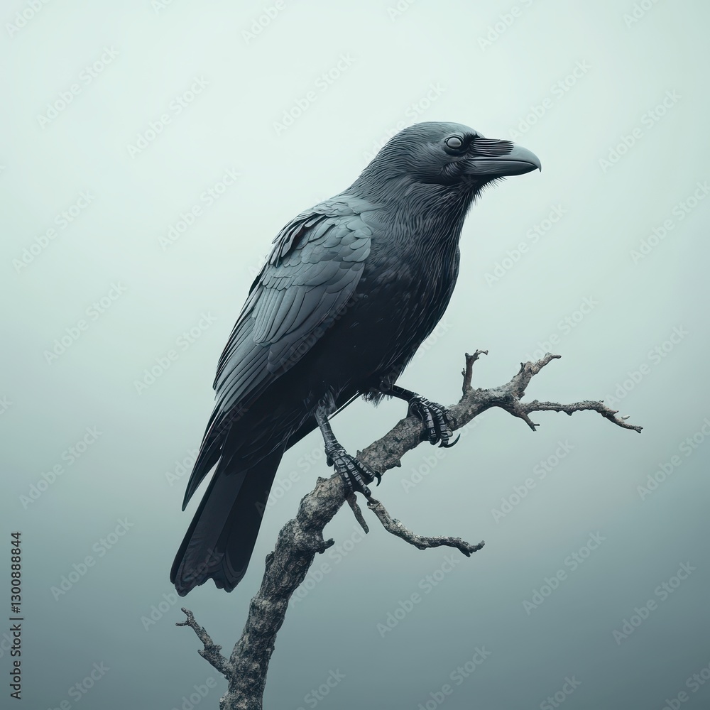 Obraz premium Raven perched on barren branch against soft gray background