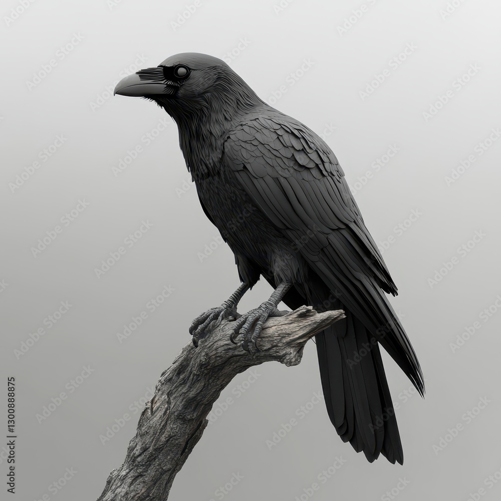 Fototapeta premium Detailed Black Raven Perched on a Branch in Minimalist Style