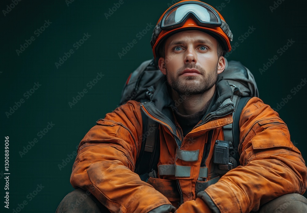 Tired rescue worker sitting on green background. Tired rescue worker sitting on green background.