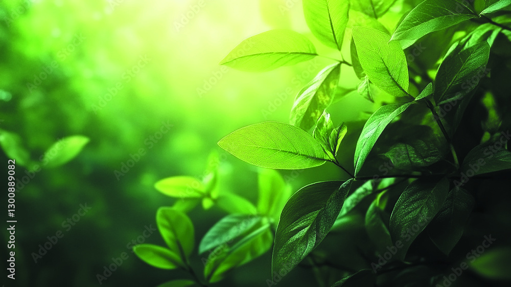 Obraz premium Fresh green leaves on a branch in sunlight with natural background, macro plant photography, vibrant nature colors, summer mood
