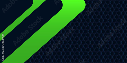 Abstract black and green polygon with green glow lines on dark steel mesh background with free space for design.