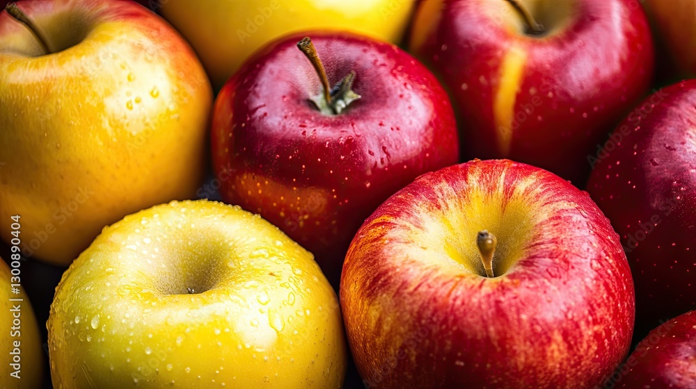 Fresh red and yellow apples with water droplets creating a vibrant and natural fruit background Fresh red and yellow apples with water droplets creating a vibrant and natural fruit background