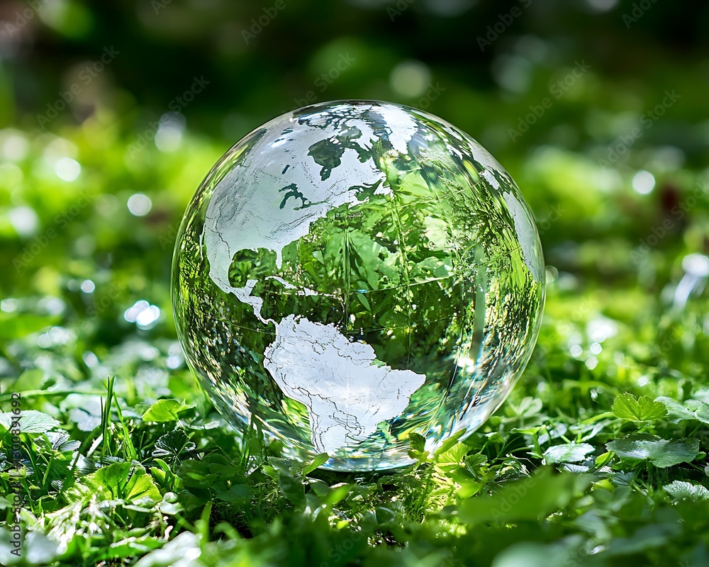 Glass globe sits on grass with green nature background Glass globe sits on grass with green nature background