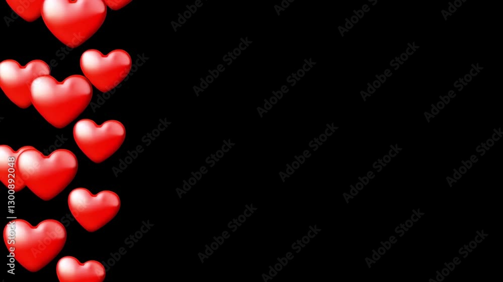 Hearts emoji in a row on black background. Lot of red heart shape animation particles on black background, red love floating romantic background video for special event Video 4k 3D animation Hearts emoji in a row on black background. Lot of red heart shape animation particles on black background, red love floating romantic background video for special event Video 4k 3D animation