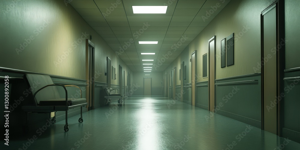 A quiet hallway lined with patient rooms, with subtle emergency lighting overhead A quiet hallway lined with patient rooms, with subtle emergency lighting overhead