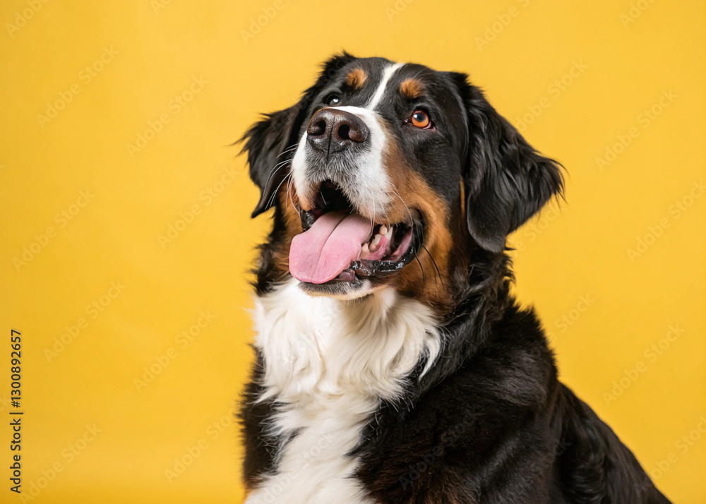 bernese mountain dog portrait in a studio with a yellow background bernese mountain dog portrait in a studio with a yellow background