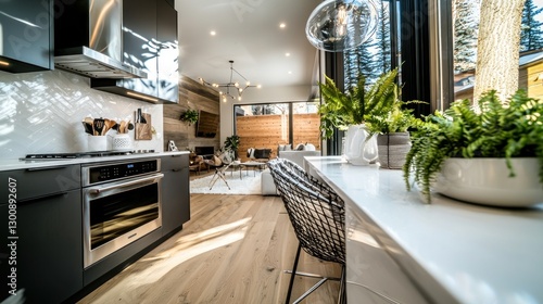 Modern kitchen interior with light wood floors and open living area