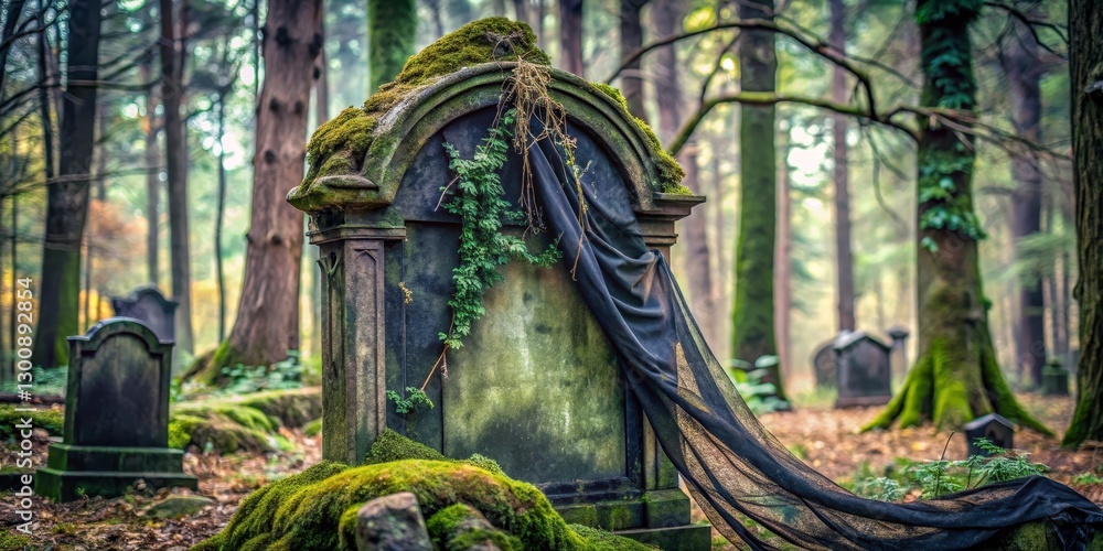 Obraz premium An aged stone memorial, draped in somber fabric, rests amidst a tranquil forest, overgrown with moss and ivy, a testament to time and nature's gentle embrace.