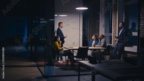 Diverse business team discussing artificial intelligence in a modern office at night. Concept of teamwork, corporate strategy, and AI technology in professional settings.