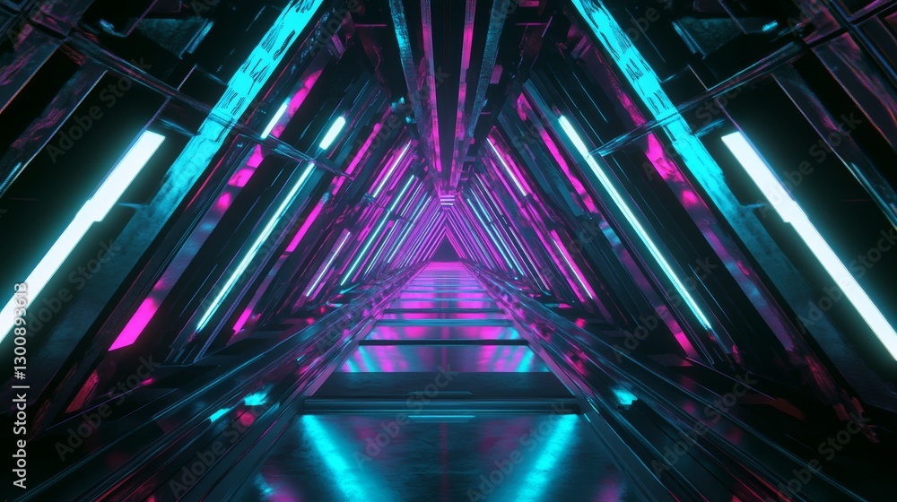 Fototapeta premium 4K Futuristic Neon Corridor with Colorful Laser Lines and Glowing Triangles. Seamless Loop Abstract Digital Background for Cyberpunk, Technology, and Sci-Fi Concepts