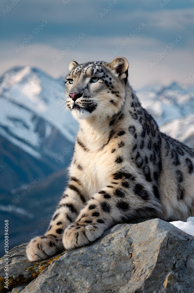 Fototapeta premium Majestic Snow Leopard Resting on Mountain Peak with Stunning View