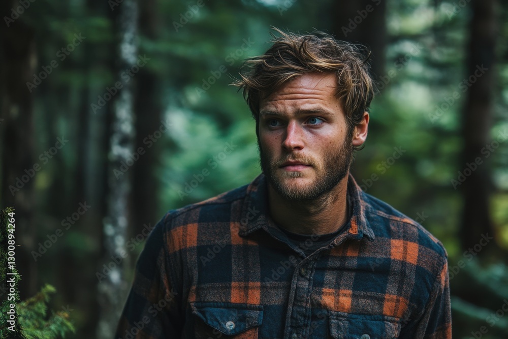 A rugged outdoorsy look with a male model in a flannel shirt, hiking through a forest A rugged outdoorsy look with a male model in a flannel shirt, hiking through a forest