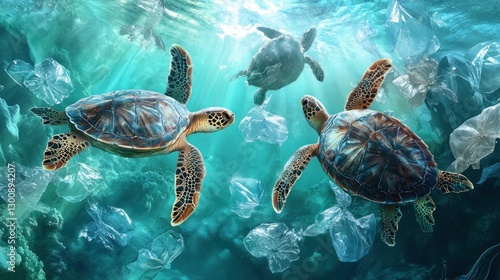 Three sea turtles swim through a sea of plastic pollution.