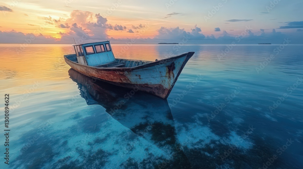 Serene seascape of an old boat adrift under a vibrant sunset sky Serene seascape of an old boat adrift under a vibrant sunset sky
