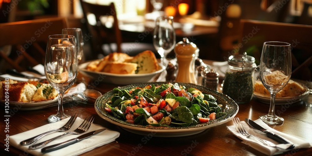Naklejka premium A rustic dining table set with vegetarian dishes, including a fresh spinach salad and garlic bread