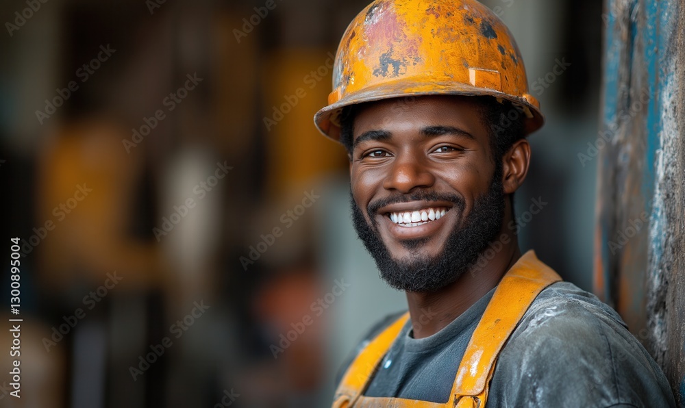 Smiling construction worker in hard hat shares joy. Smiling construction worker in hard hat shares joy.